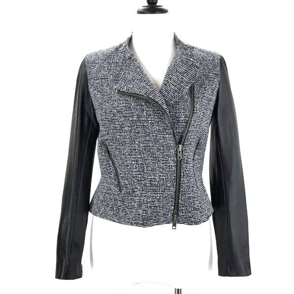 THEORY Tweed Black Lamb Leather Moto Jacket Blazer - Picture 2 of 8